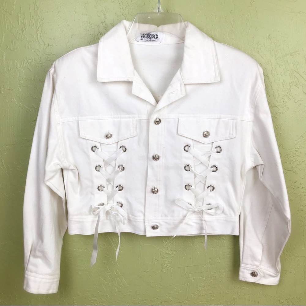 VINTAGE 1980's Denim Jacket with Ribbon Corset Tie Small Medium